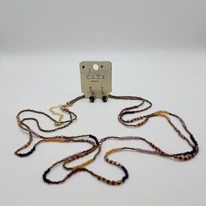 Multicolor Seed Bead Crystal Necklace And Earrings Set Gold Tone 35"/7.5mm New